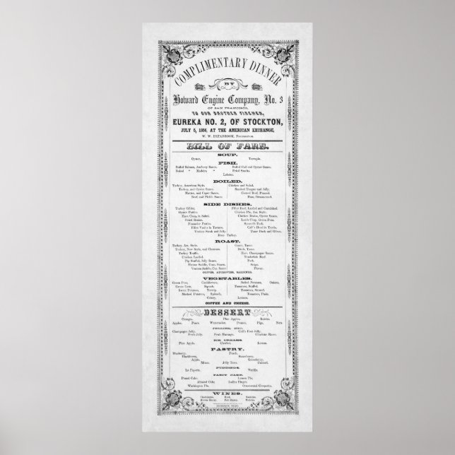 DINNER MENU for FIREMEN 1856 Poster (Front)