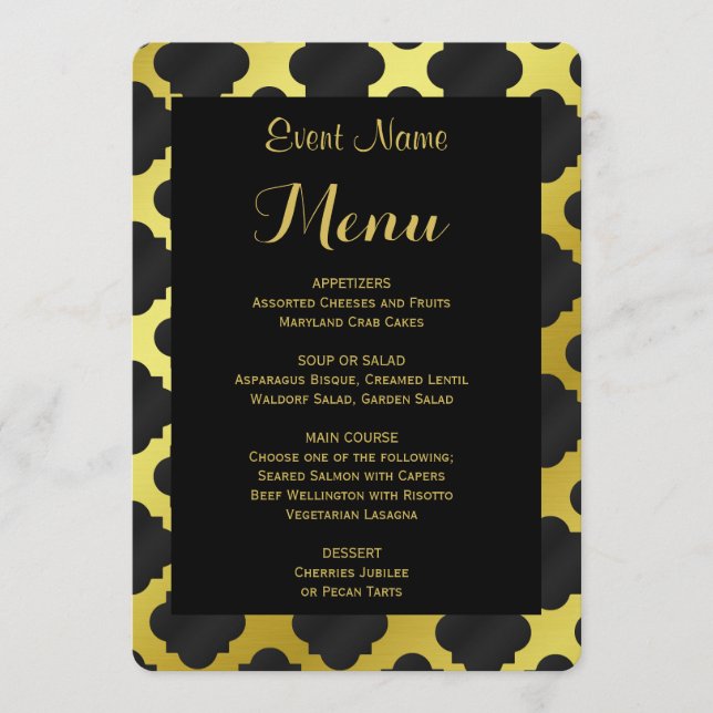 Dinner Menu | Gold and Black Quatrefoil (Front)