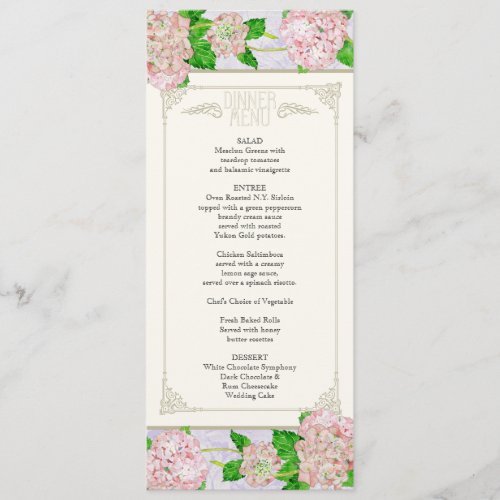 Dinner Menu _ Pink Hydrangea Lace Floral Formal