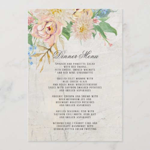 Dinner Menu Summer Watercolor Blush Floral Foliage