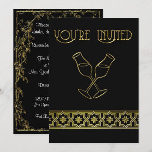 Dinner Party Invitation, Black and Gold Wine Glass Invitation