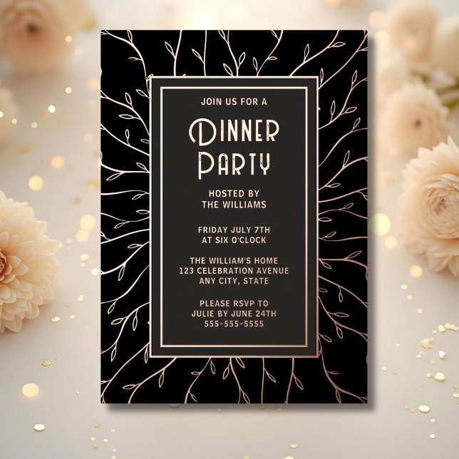 Dinner Party Invitation Black Elegant Floral Foil Invitation (Creator Uploaded)
