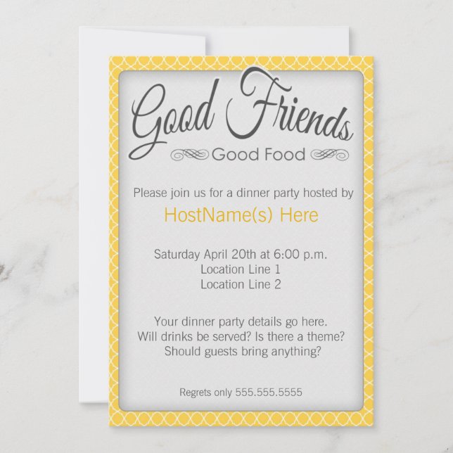 Dinner Party Invitations in Yellow (Front)