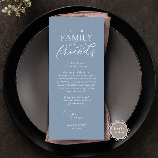 Dinner Place Setting Thank You Calligraphy Card (Wedding Dinner Place Setting Thank You Card, Modern Romantic Script, Plate Decor, Dusty Blue)