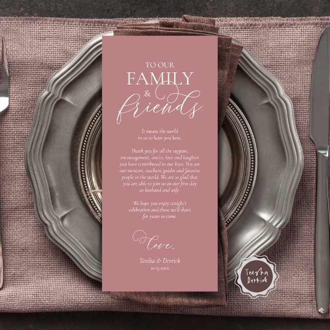 Dinner Place Setting Thank You Calligraphy Card (Wedding Dinner Place Setting Thank You Card, Modern Romantic Script, Plate Decor, Dusty Rose Pink)