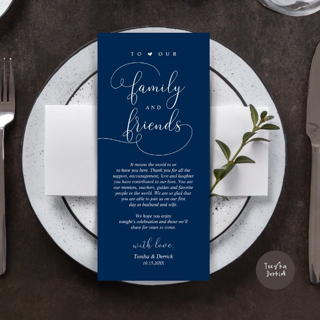 Dinner Place Setting Thank You Modern Elegant Card (Modern Romantic Script, Wedding Dinner Place Setting Thank You Card, in Classy Navy Blue)