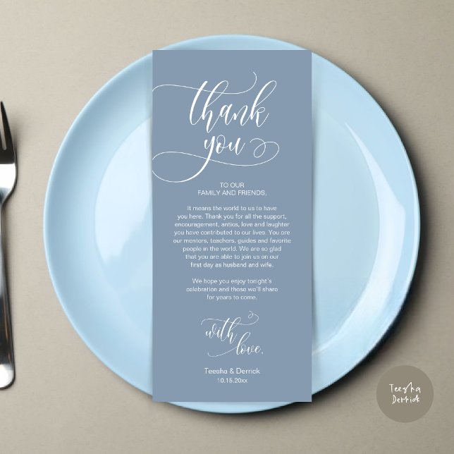 Dinner Place Setting Thank You, Modern Script Card (Wedding Dinner Place Setting Thank You Card, Plate Decoration, Modern Script, in Dusty Blue)