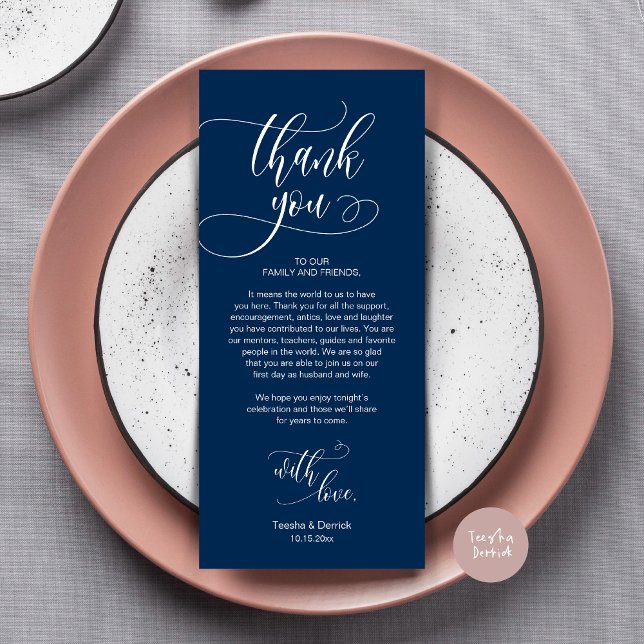Dinner Place Setting Thank You, Modern Script Card (Wedding Dinner Place Setting Thank You Card, Plate Decoration, Modern Script, in Navy Blue)