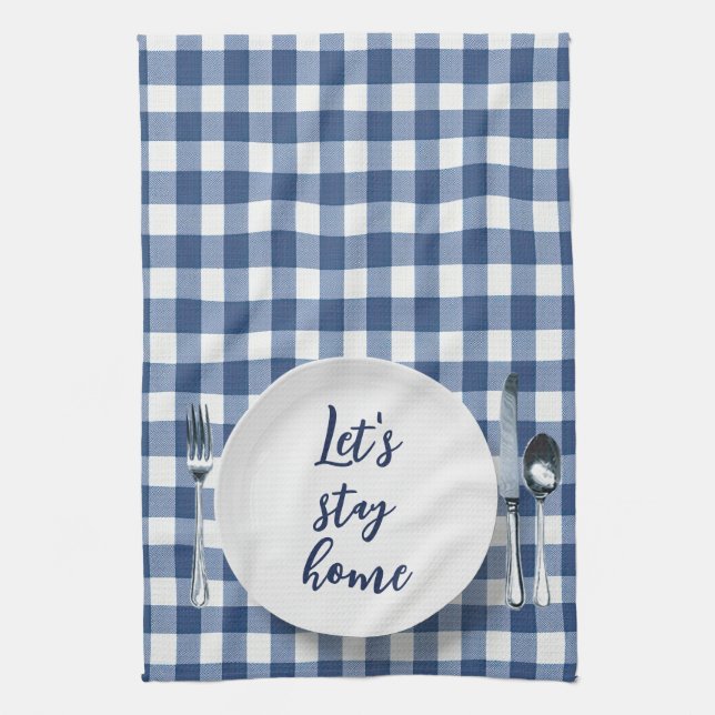 Dinner Plate On Blue Gingham Kitchen Towel (Vertical)