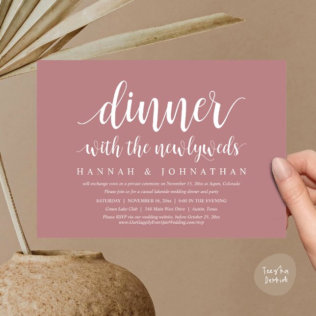 Dinner with the newlyweds, Wedding Elopement Invitation (Dinner with the newlyweds, Wedding Elopement Invitation Card PDF Modern Rustic Party Dusty Rose Pink)