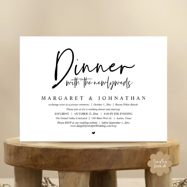 Dinner with the Newlyweds, Wedding Elopement Party Invitation (Dinner with the Newlyweds, Modern Wedding Elopement Party Invitation Card PDF Black White)