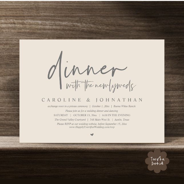 Dinner with the Newlyweds, Wedding Elopement Party Invitation (Dinner with the Newlyweds, Modern Wedding Elopement Party Invitation Card PDF Cream Grey)