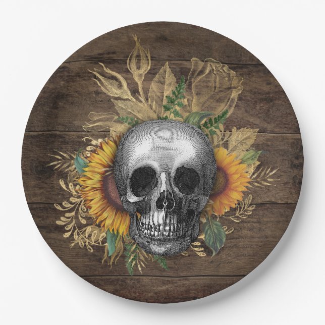  Dinnerware Reception Rustic Sunflower Skull Paper Plates (Front)