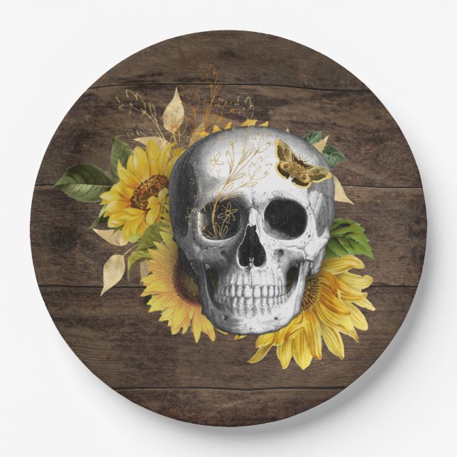  Dinnerware Reception Rustic Sunflower Skull Paper Plates (Front)