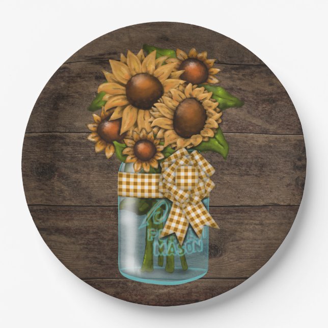  Dinnerware Reception Rustic Sunflower Wood Paper Plates (Front)