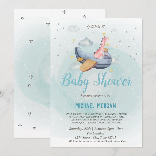 Dino Airplane Drive By Baby Shower  Invitation (Front/Back)