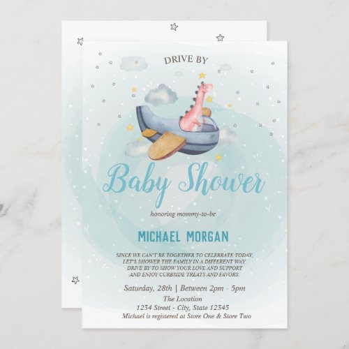 Dino Airplane Drive By Baby Shower  Invitation