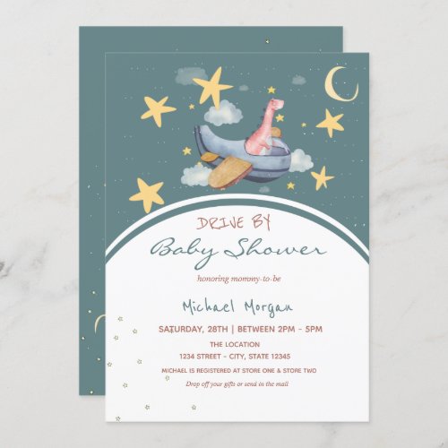 Dino Airplane  Space Stars Drive By Baby Shower  Invitation