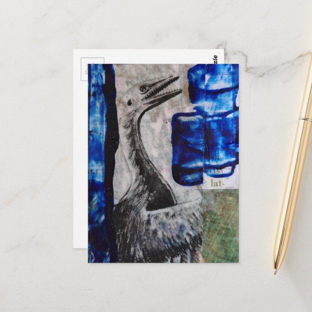 Dino Bird Blue Paint Mixed Media Collage Postcard (Front/Back In Situ)