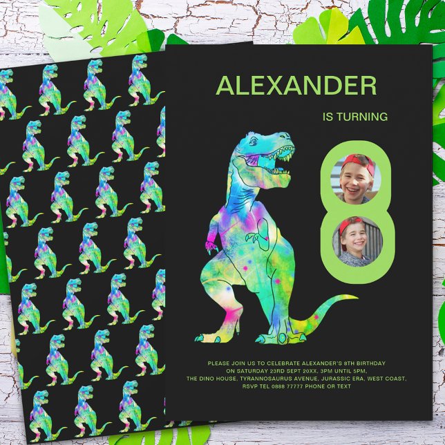 Dino Birthday Party  Invitation (Dinosaur T-Rex boys 8th birthday party 2 photo collage green)