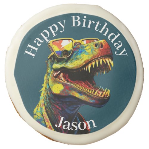 Dino Blue Happy Birthday  childrens Sugar Cookie