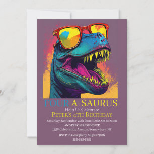 Dino Blue Party 4th Dinosaur Birthday Invitation