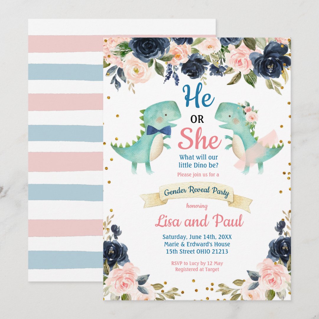 Dino Bowtie or Tutu Dinosaur Gender Reveal Invitation Zazzle