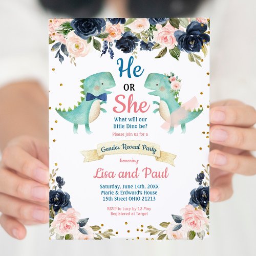 Dino Bowtie or Tutu Dinosaur Gender Reveal   Invitation