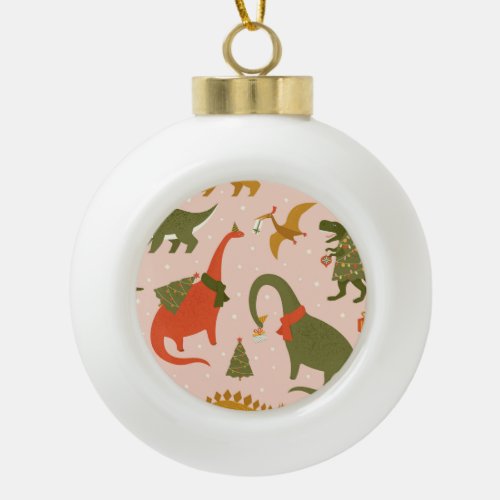 Dino Christmas Party Tree Rex Ceramic Ball Christmas Ornament