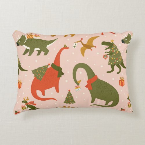 Dino Christmas Party Tree Rex Dinosaur in Santa h Accent Pillow