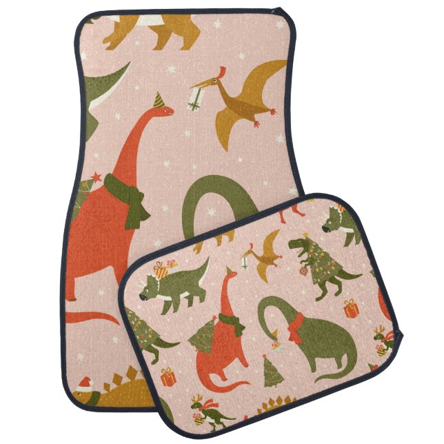 Dino Christmas Party Tree Rex. Dinosaur in Santa h Car Floor Mat (Set)