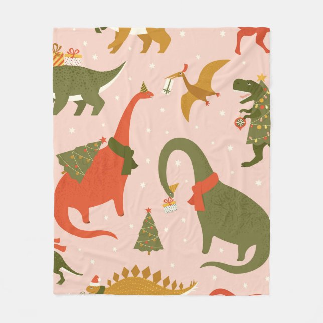 Dino Christmas Party Tree Rex. Dinosaur in Santa h Fleece Blanket (Front)