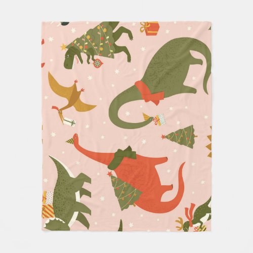 Dino Christmas Party Tree Rex Fleece Blanket