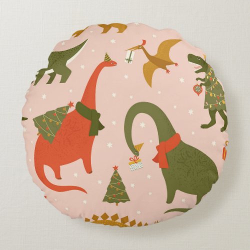 Dino Christmas Party Tree Rex Round Pillow