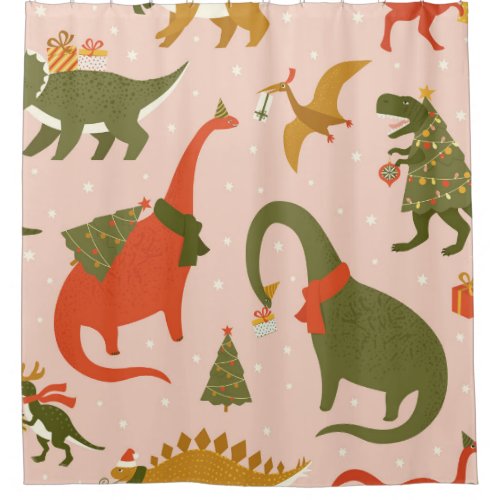 Dino Christmas Party Tree Rex Shower Curtain