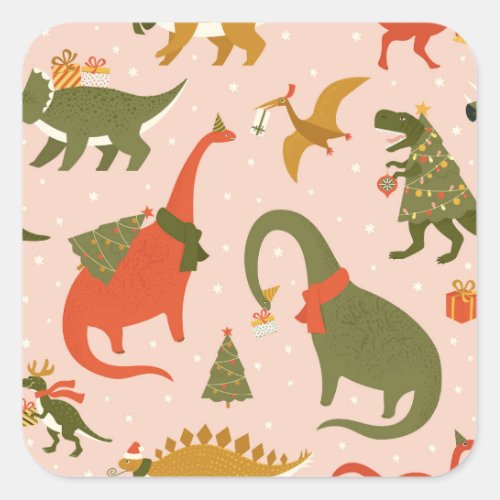 Dino Christmas Party Tree Rex Square Sticker