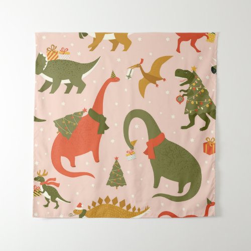 Dino Christmas Party Tree Rex Tapestry