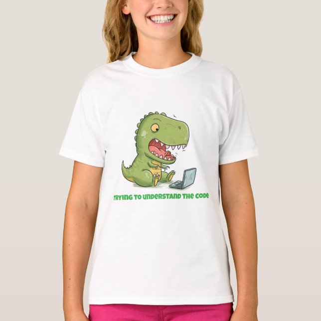 Dino Coder: Laptop Tyrannosaur T-Shirt (Front)