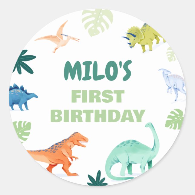 Dino Colorful Dinosaur Birthday Round Sticker (Front)