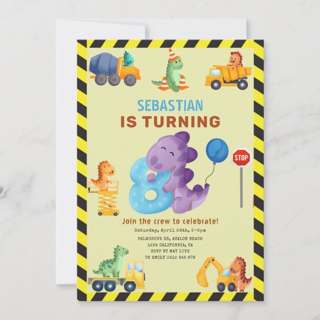 Dino Crew 8th Birthday Construction Dinosaur Invitation (Front)