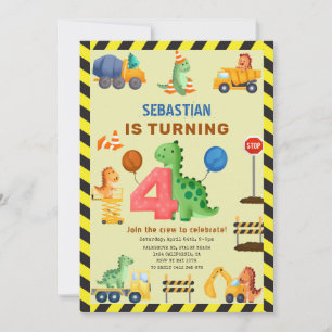 Dino Crew Construction 4th Birthday Dinosaur  Invitation