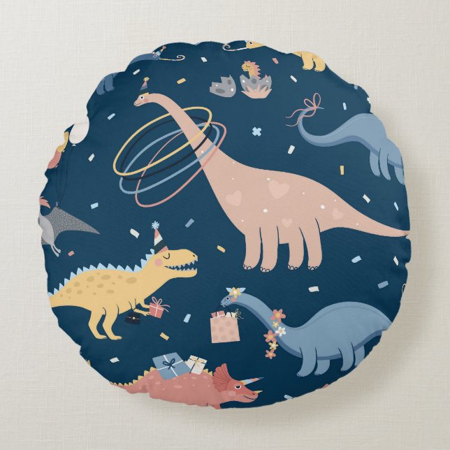 Dino Delight: Birthday Party Fun Round Pillow (Front)