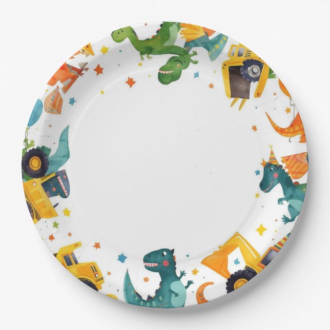 Dino Digger Construction Birthday Party Paper Plates (Front)