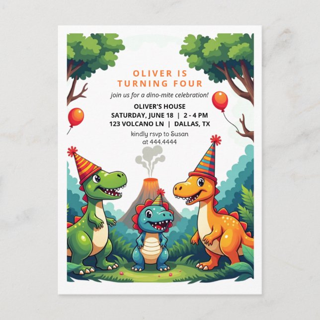 Dino Dinosaur Birthday Party Invitation Post Card (Front)