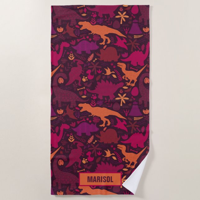 Dino Doodle Silhouettes Kids Dinosaur Beach Towel (Front)