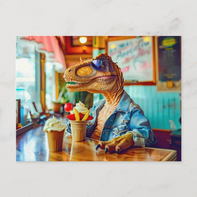 Dino Eating Ice Cream at Cafe Holiday Postcard (Front)