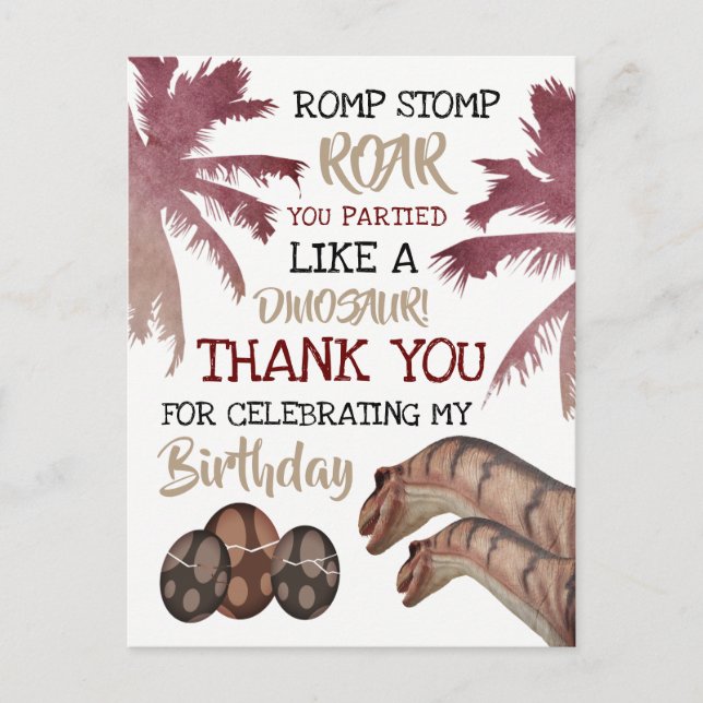 Dino Eggs, Children's Dinosaur Birthday Thank You Postcard (Front)