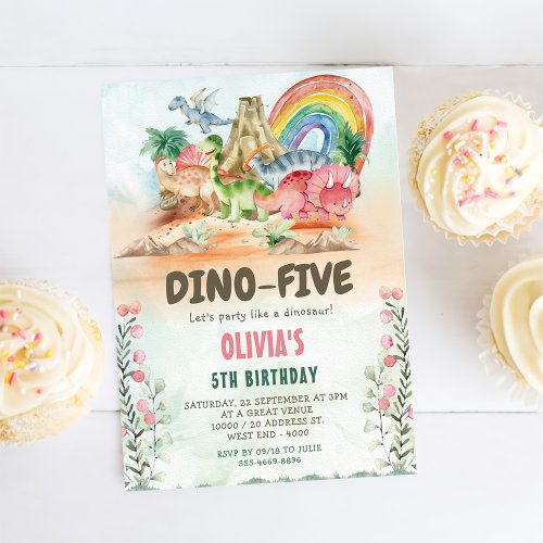 Dino_Five Dinosaur Girl 5th Birthday Party Invitation