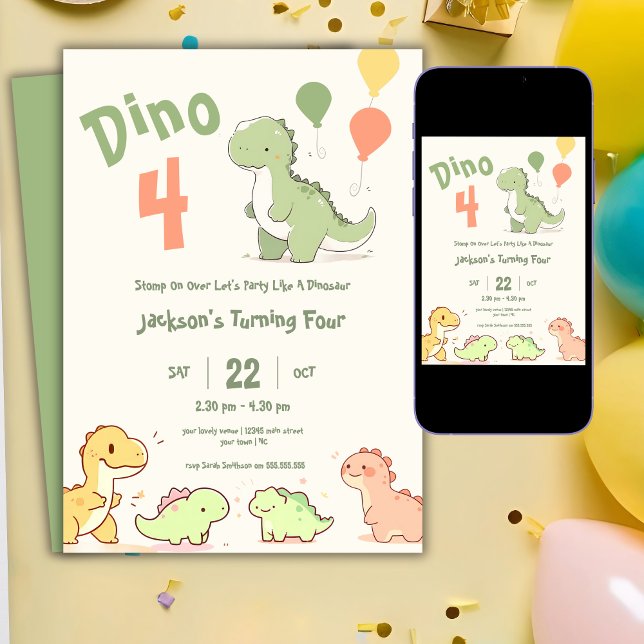 Dino Four Balloon 4th Birthday Party Invitation (Creator Uploaded)