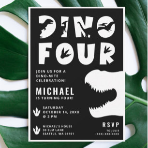 Dino Four Black Dinosaur 4th Birthday Party Invitation